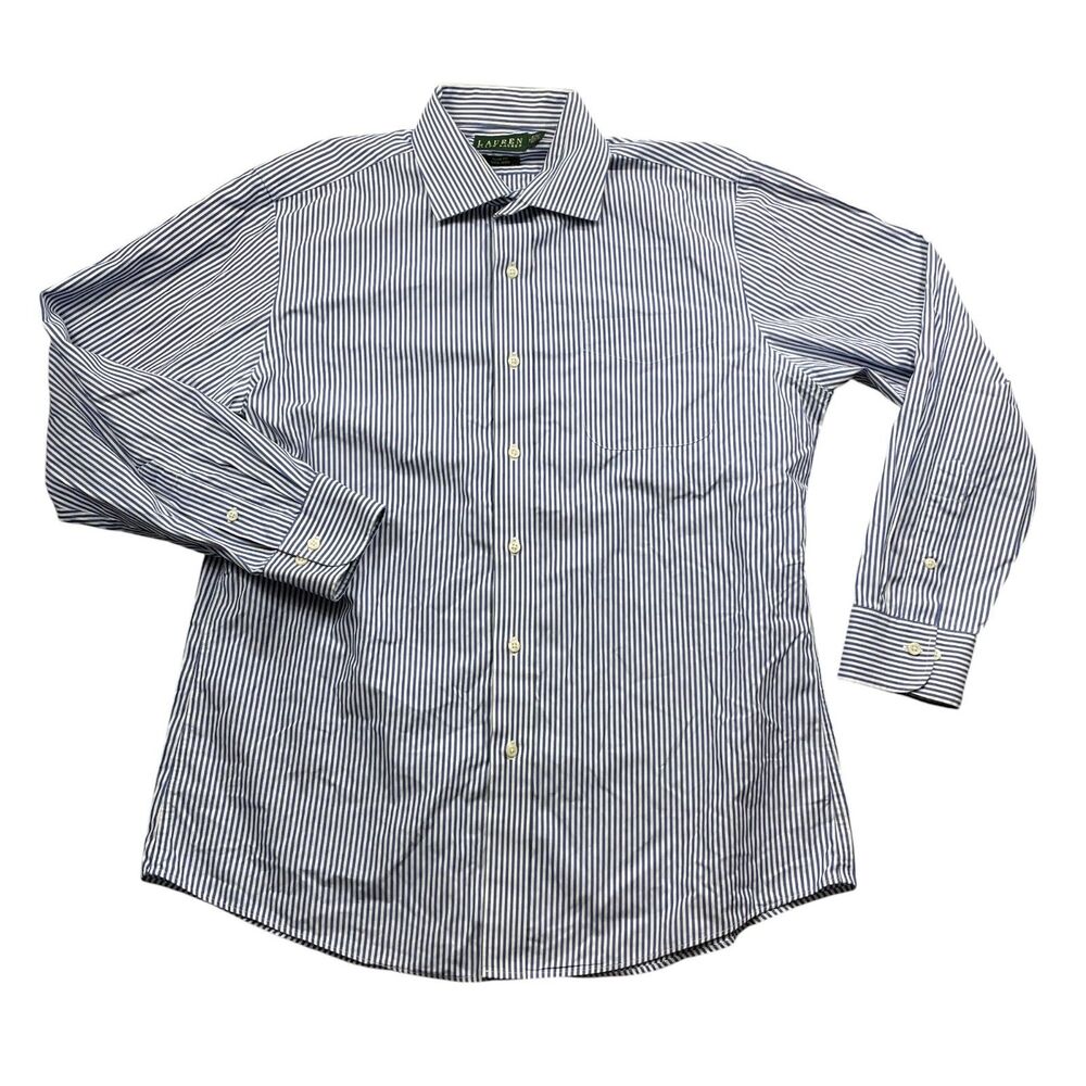 Lauren Ralph Lauren 17 34-35‎ Slim Fit 100% Cotton Blue Striped Long Sleeve